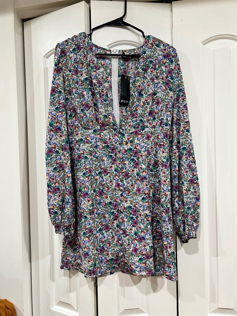 Nasty Gal Purple Multi Floral V-Neck Blouse